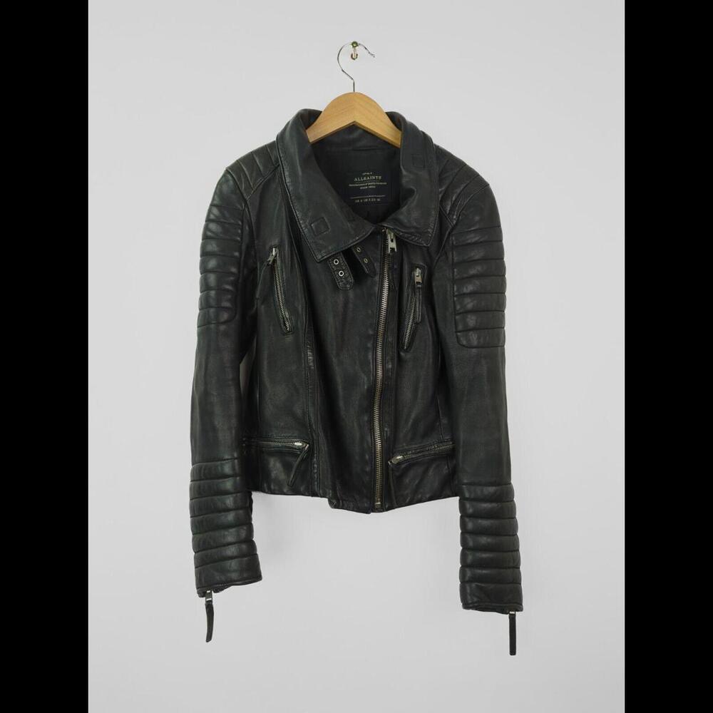 [SOLD] ALLSAINTS Women's Sz 4 S STEINE Black Leather Motorcycle Rider Zip Jacket